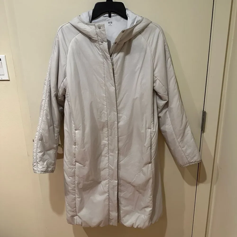UNIQLO Light Puffer Long Hooded Coat Puffer Parka Womens XS Light grey